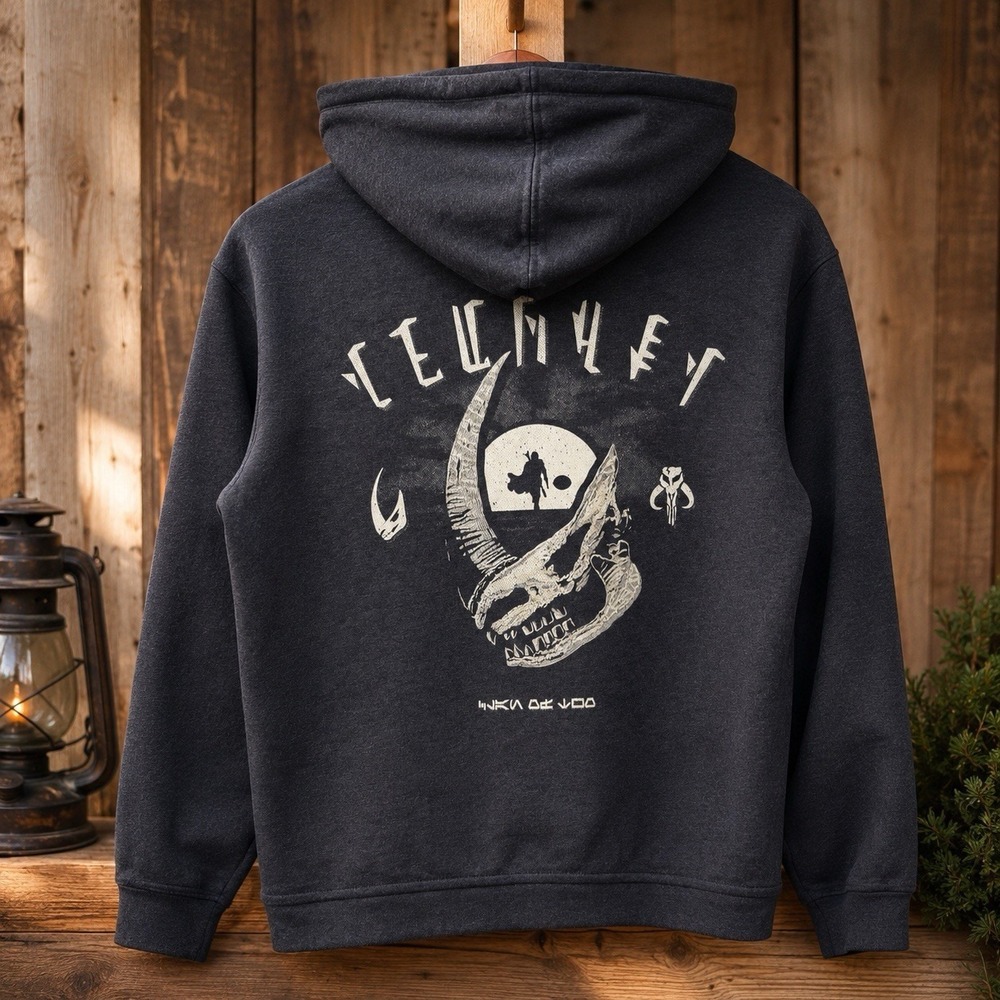 Star Wars Mandalorian Hoodie Mens L Gray Hunter & Prey Mudhorn Graphic Lucasfilm